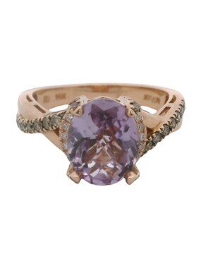 LeVian 14kt Rose Gold Twist Band Amethyst Solitaire Ring Diamonds Size 7